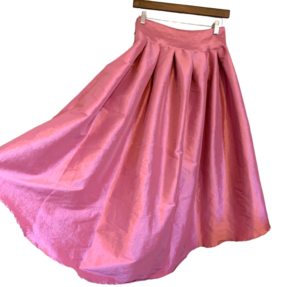 Haute Monde M/L hi low a-line midi pink shine skirt w bow fit n flare - Picture 6 of 6